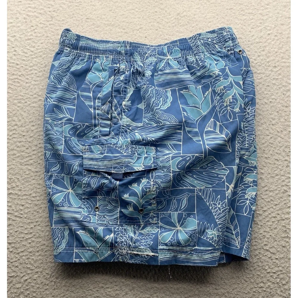 Tori Richard Swim Shorts Mens Medium Blue Hawaiian Tiki Lined Bathing Suit Flaws